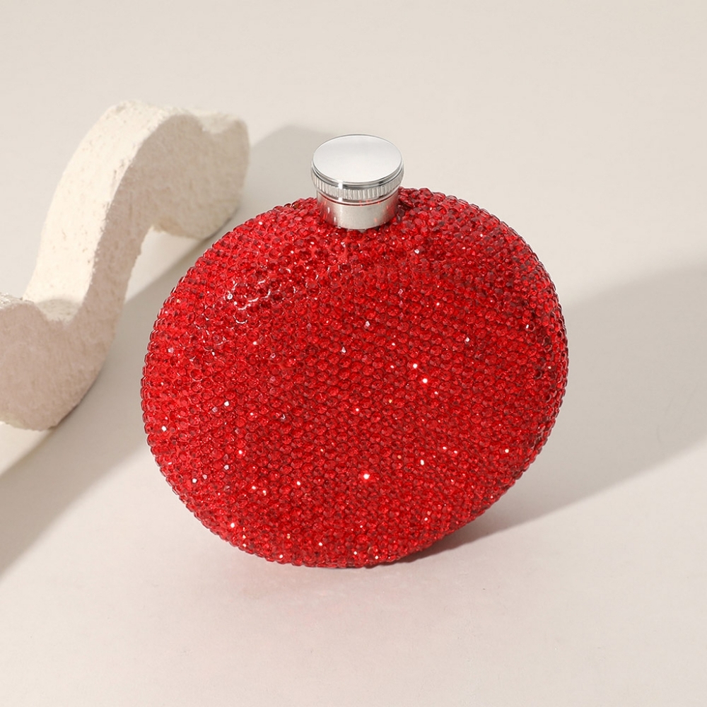 Red Silver 5oz Round Sparkling Rhinestone Crystal Flask Bling